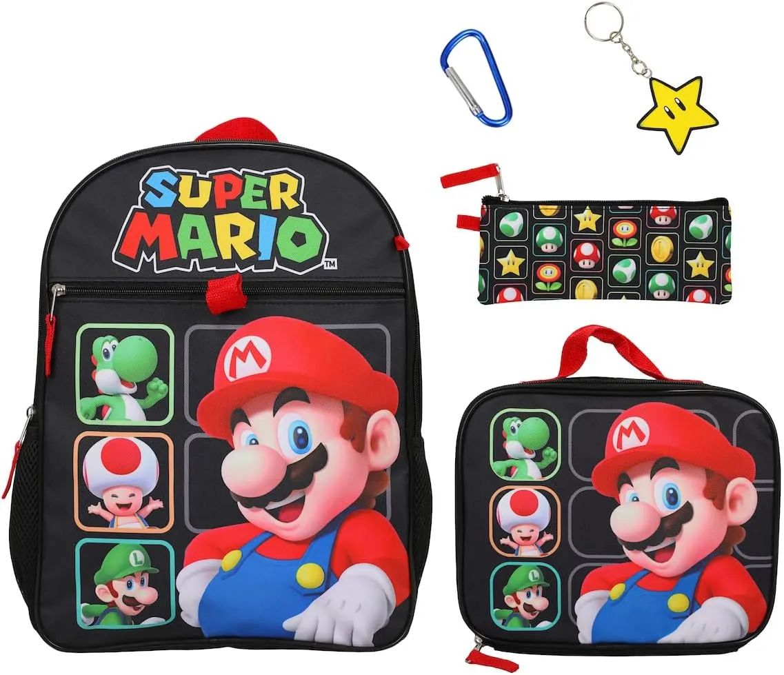 BIOWORLD Super Mario Bros Character Grid 5-Piece Backpack Set (Little Big Kid), Yellow, One Size