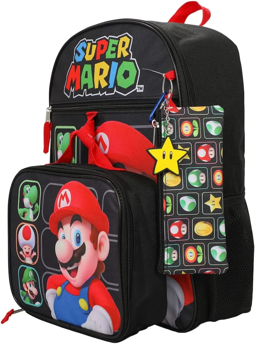 BIOWORLD Super Mario Bros Character Grid 5-Piece Backpack Set (Little Big Kid), Yellow, One Size