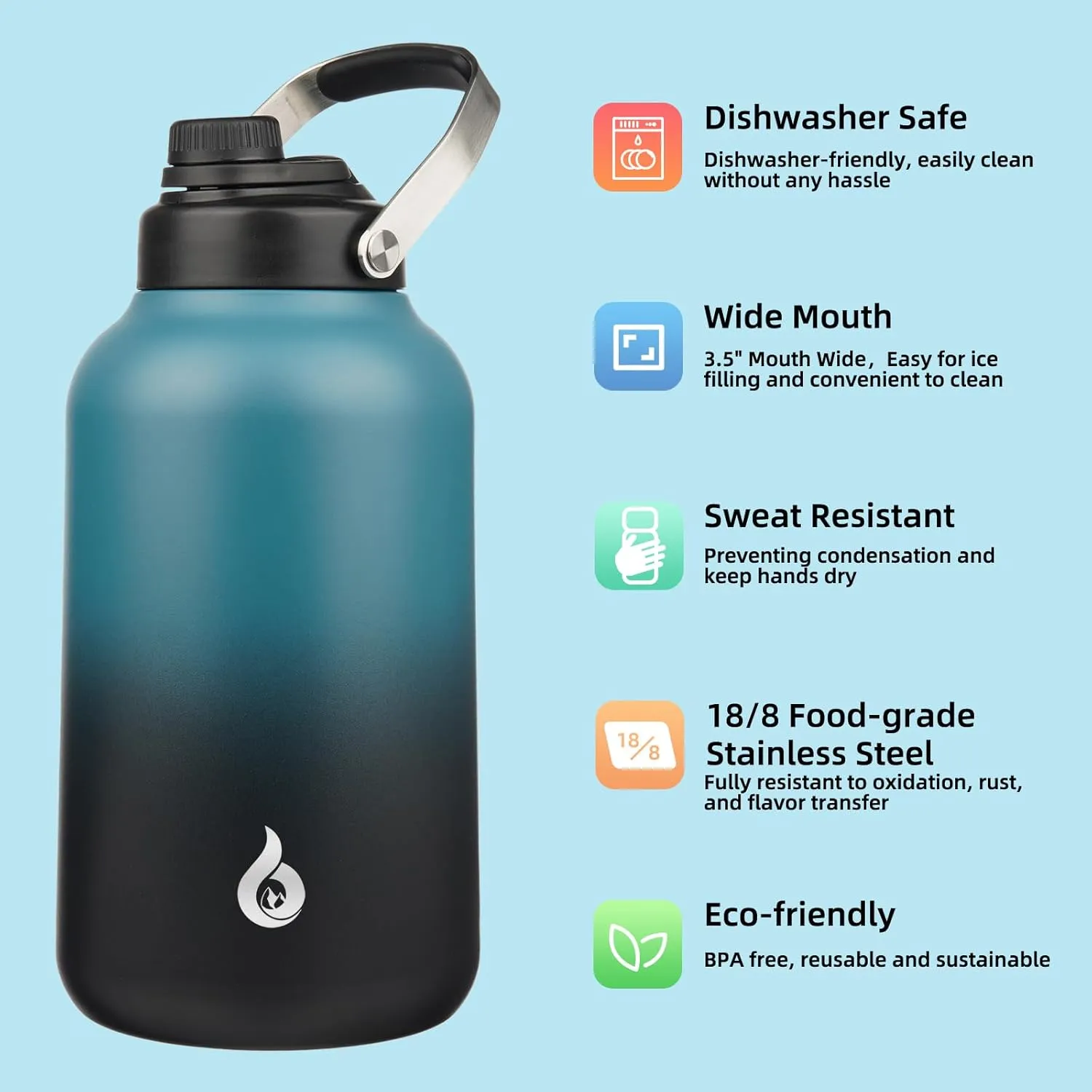 BJPKPK 1 Gallon Water Bottle Insulated, Dishwasher Safe 128oz Large Water Jug with Metal Handle & BPA Free Spout Lid, Stainless Steel Metal Thermos for Gym, Sports & Hiking, Blue Black