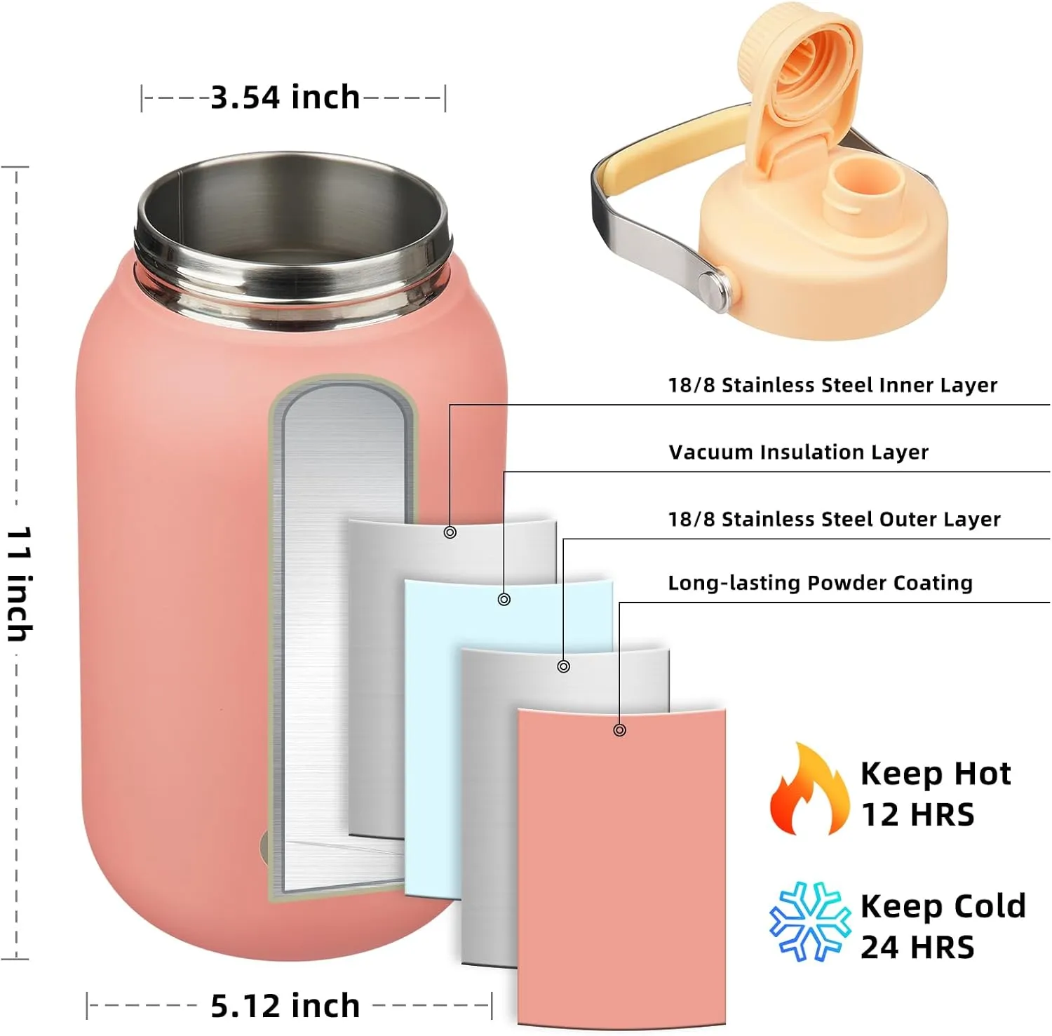 BJPKPK Half Gallon Insulated Water Bottles, 64oz Water Jug with Metal Handle & BPA Free Spout Lid, Dishwasher Safe Thermos, Large Stainless Steel Gym Sport Jugs, Pink