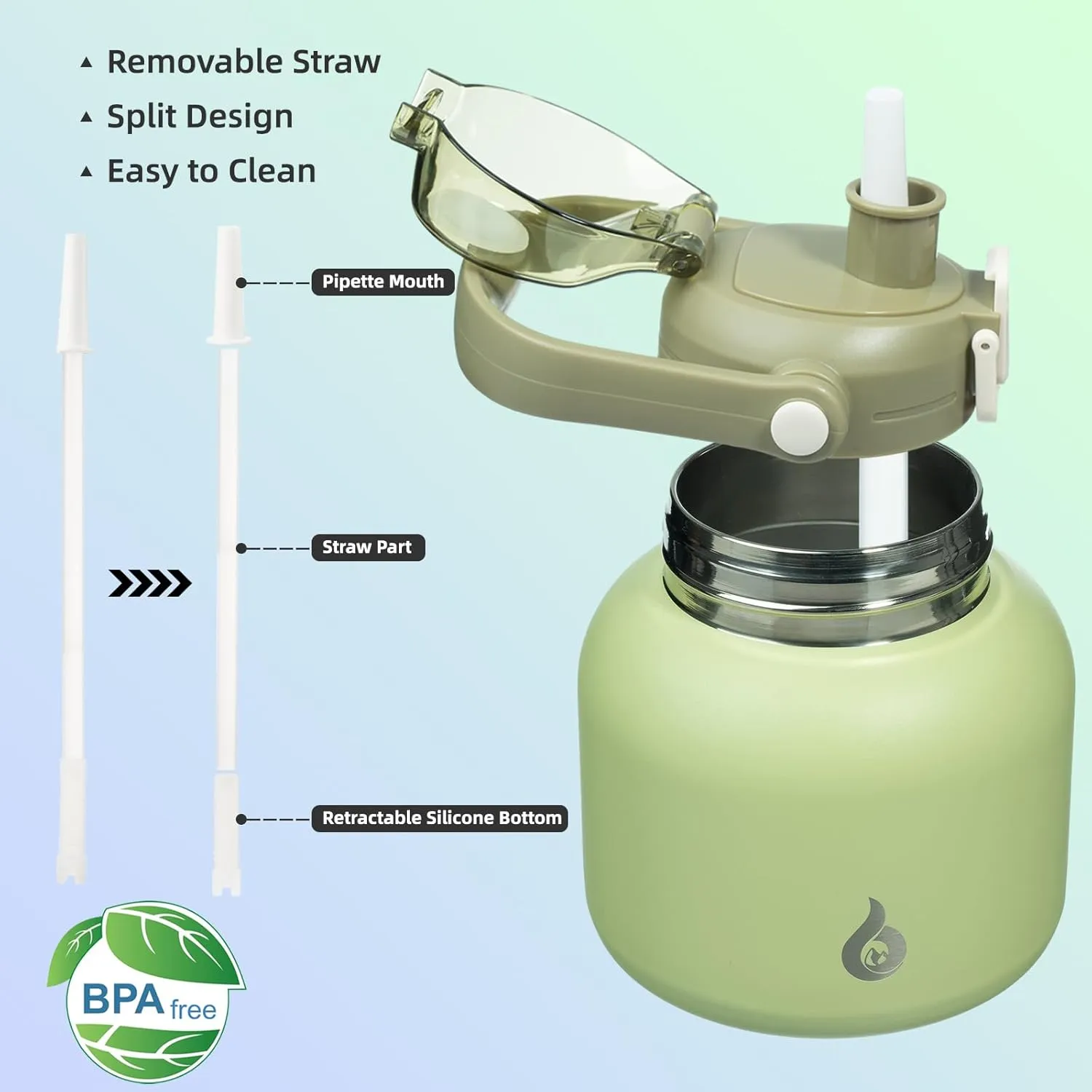 BJPKPK Insulated Water Bottles with Straw, 20 oz Cute Water Bottles with Handle, BPA Free Stainless Steel Metal Thermos, Easy Carry Thermos for Men & Women, Light Green