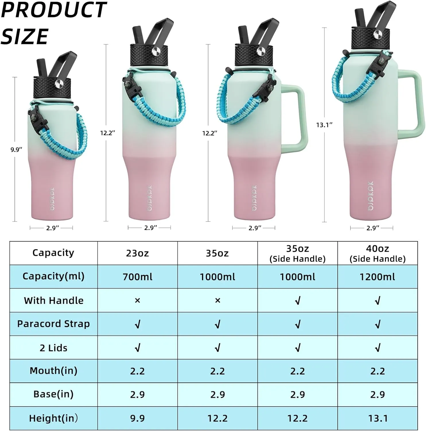 BJPKPK Insulated Water Bottles with Straw Lid, 23oz Metal Water Bottle with 2 lids & Paracord Strap, Double Wall Stainless Steel Vacuum Tumblers, Cups, Mugs, Thermos for Hot& Cold Drinks, Marshmallow