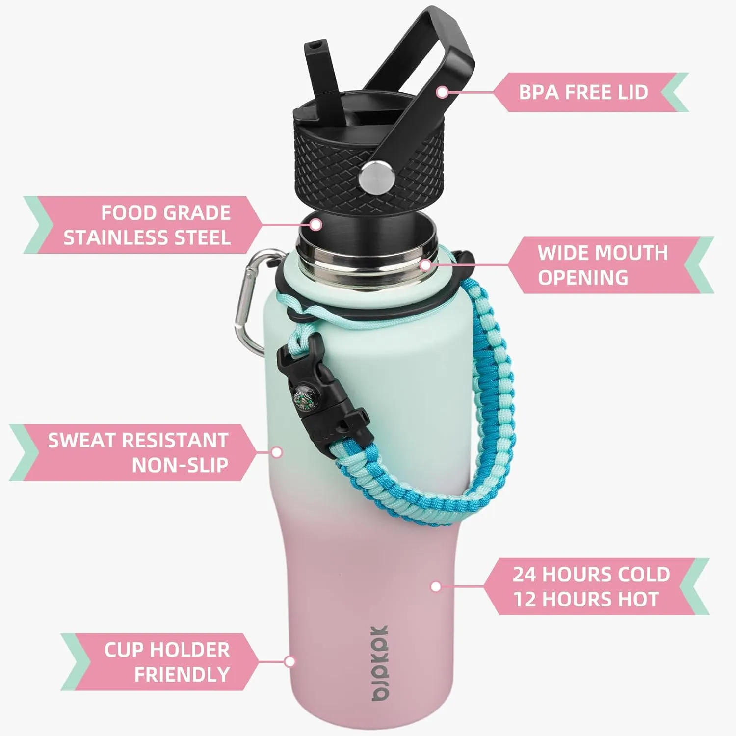 BJPKPK Insulated Water Bottles with Straw Lid, 23oz Metal Water Bottle with 2 lids & Paracord Strap, Double Wall Stainless Steel Vacuum Tumblers, Cups, Mugs, Thermos for Hot& Cold Drinks, Marshmallow