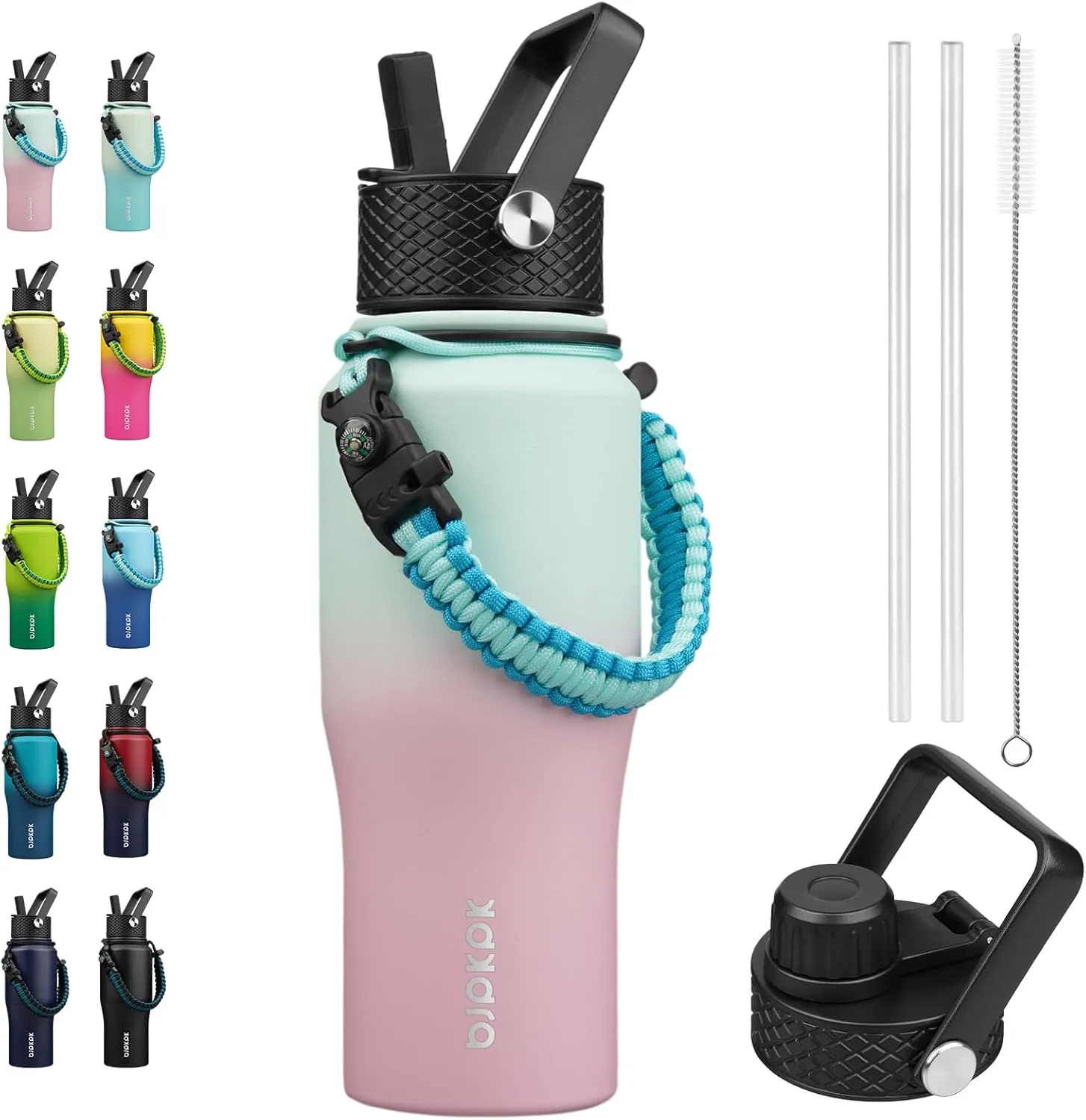 BJPKPK Insulated Water Bottles with Straw Lid, 23oz Metal Water Bottle with 2 lids & Paracord Strap, Double Wall Stainless Steel Vacuum Tumblers, Cups, Mugs, Thermos for Hot& Cold Drinks, Marshmallow