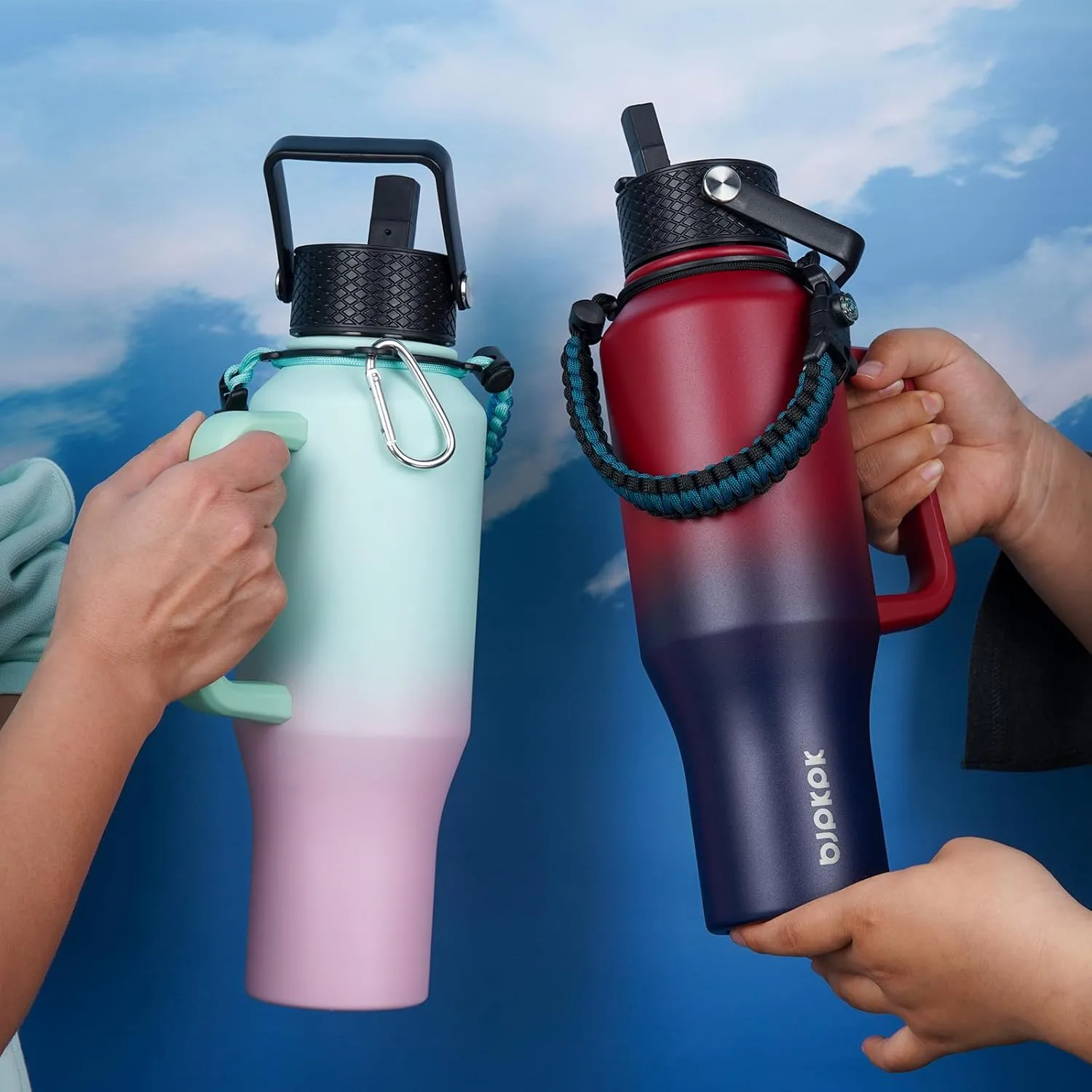 BJPKPK Insulated Water Bottles with Straw Lid, 23oz Metal Water Bottle with 2 lids & Paracord Strap, Double Wall Stainless Steel Vacuum Tumblers, Cups, Mugs, Thermos for Hot& Cold Drinks, Marshmallow