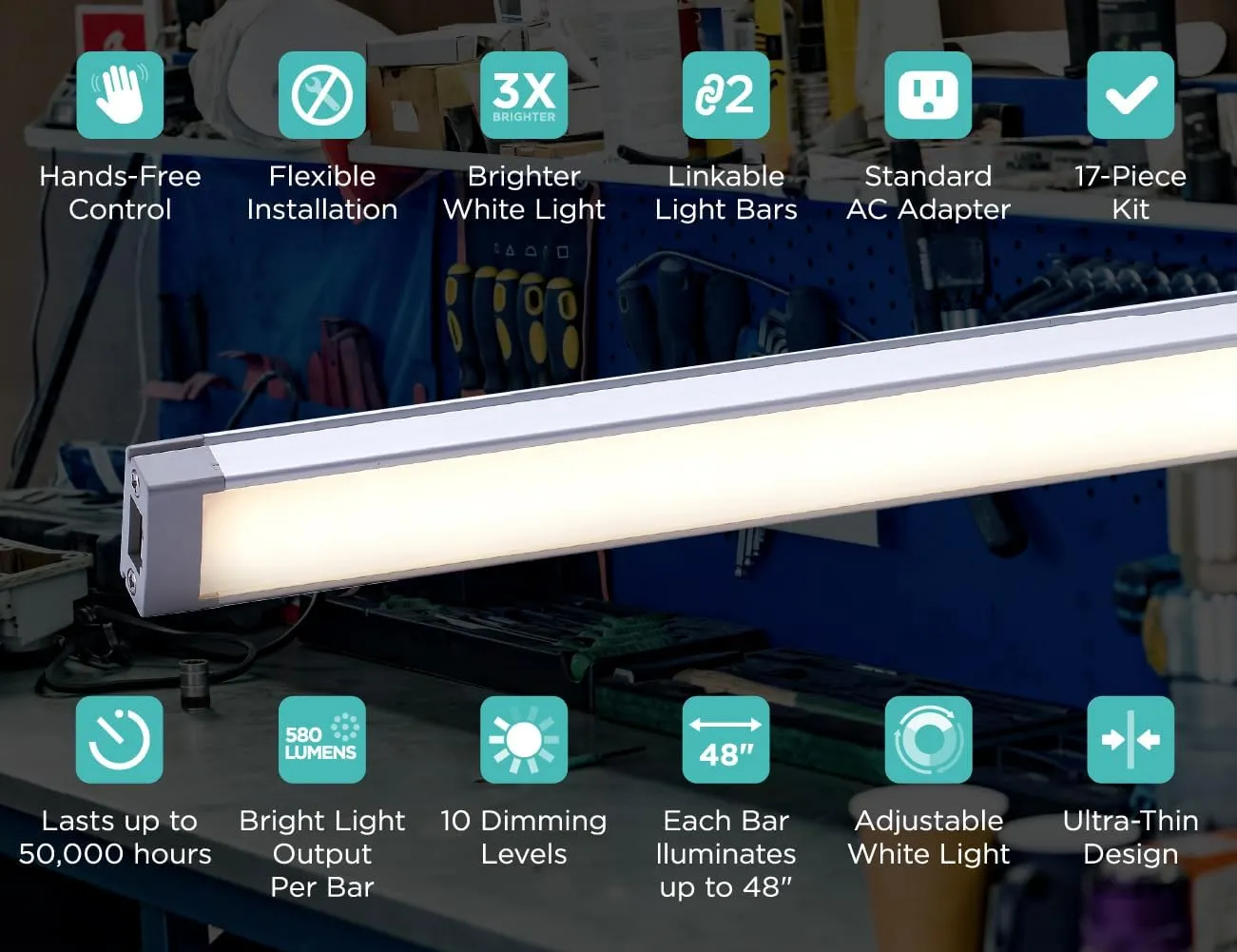 BLACK DECKER LED Under Cabinet Light Kit, Motion Sensor, Dimmable, Linkable, 3 Color Settings, Tool-Free, Utility Light, Closets, Garage, Pantry, (1) 24" Bars