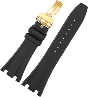 Black Silicone Rubber Watchband for Audemars for Piguet Strap 28mm Watch AP Band Men's Bracelet Butterfly Buckle Tools (Color : Black Gold pin, Size : 28mm)