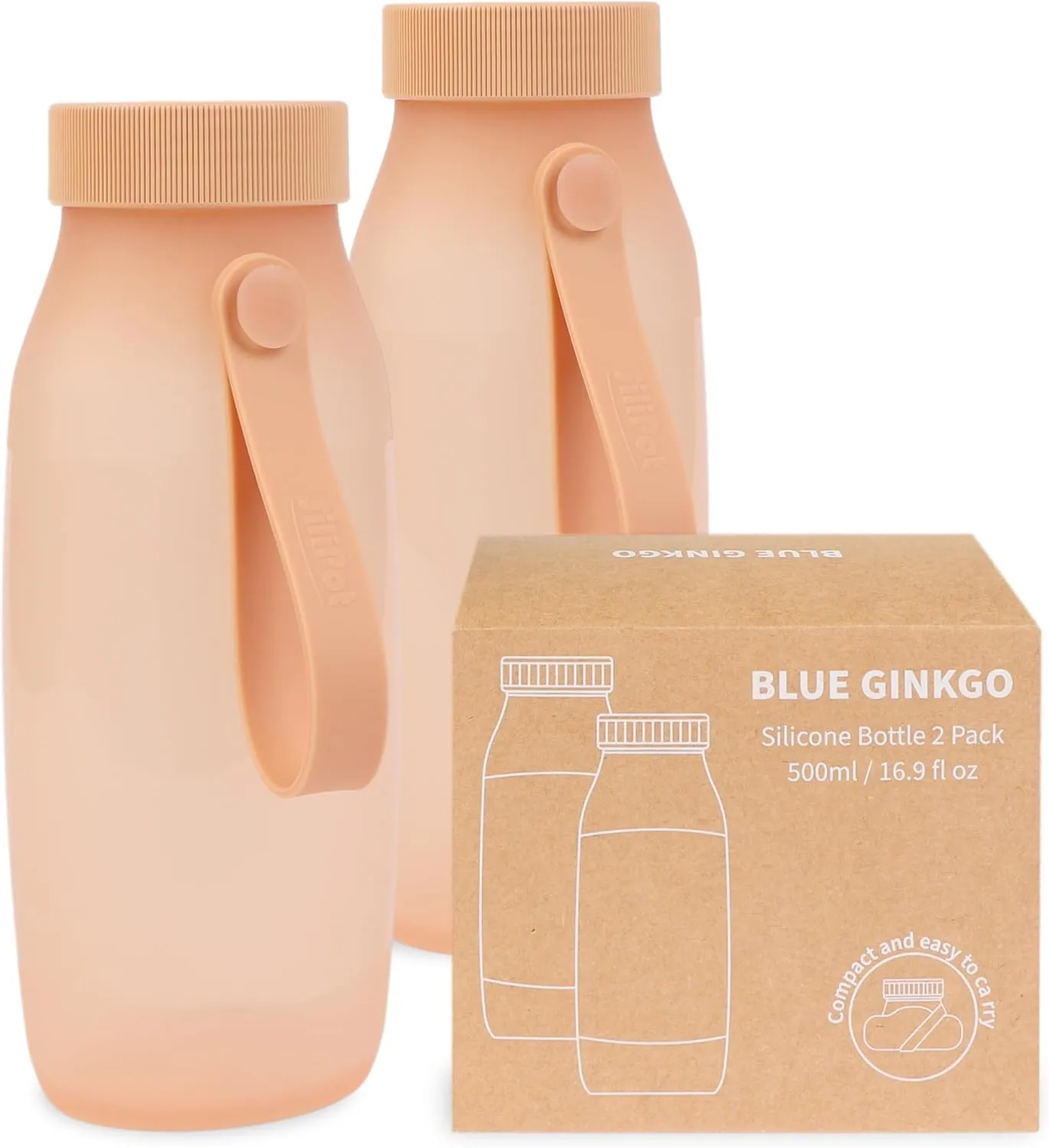 BLUE GINKGO Collapsible Water Bottle [2-Pack] – Lightweight, Foldable Silicone Bottles for Travel, Hiking, and Camping (16.9oz, Made in Korea, Peach)