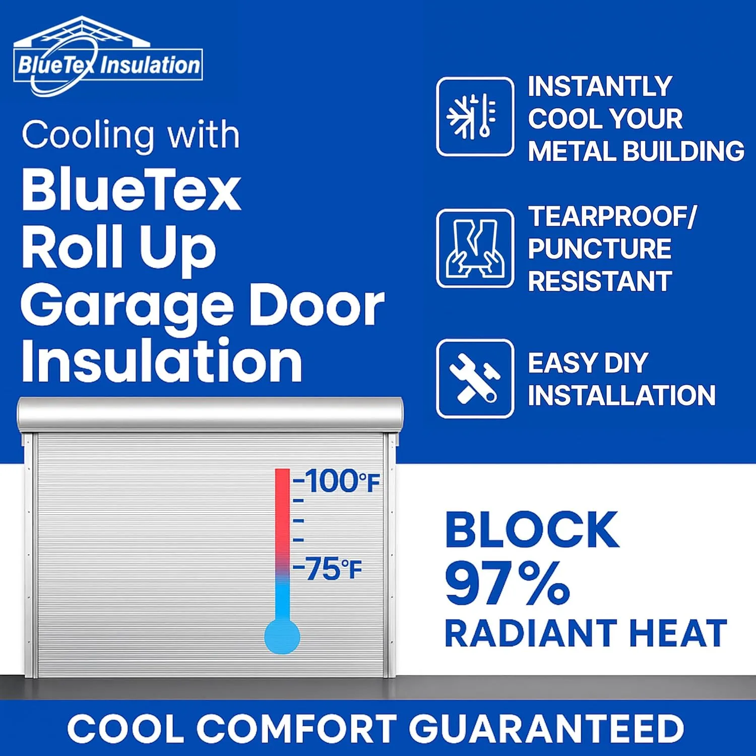 BlueTex Roll Up Garage Door Insulation Kit for Cooling Down Metal Buildings - Easy to Install Complete Garage Insulation Kit for Door Up to 12'x12' - Covers 150 Sq Ft of Single Large Door