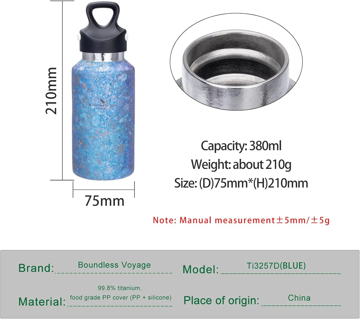 Boundless Voyage Titanium Vacuum Water Bottle Double-Walled Insulated Cup Lightweight and Leak-Proof Travel Outdoor Office School Sport Bottle (380ml blue)