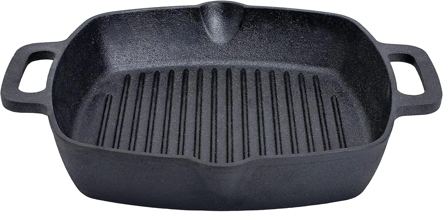 Bruntmor 10 Inch Square Cast Iron Grill Pan Steak Pan Pre Seasoned Grill Pan with Easy Grease Drain Spout, with Large Loop Handles for Grilling Bacon, Steak, and Meats