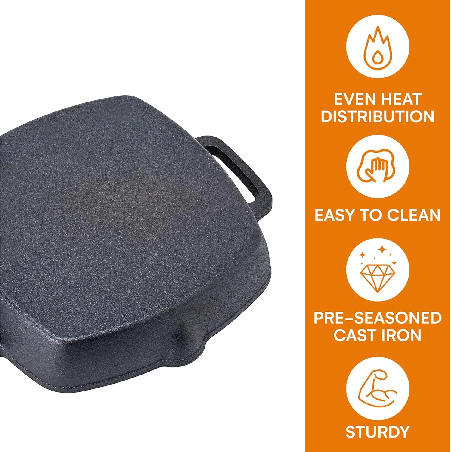 Bruntmor 10 Inch Square Cast Iron Grill Pan Steak Pan Pre Seasoned Grill Pan with Easy Grease Drain Spout, with Large Loop Handles for Grilling Bacon, Steak, and Meats