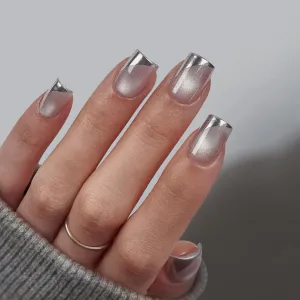 BTArtbox French Tip Press On Nails - Metallic Cat Eye Short Square Press On Nails with Glue for Women, Opaque Soft Gel Glue On Nails in 16 Sizes - 32 Stick On Nails Kit, Gleaming