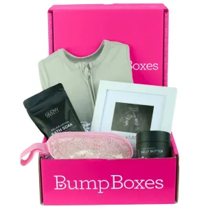 Bump Boxes 2nd Trimester Pregnancy Gifts for Expecting Moms with Belly Butter, Bath Soak, Baby Footed Sleeper Onesie, Frame and Eye Mask, Baby Shower Gift for Mother to Be