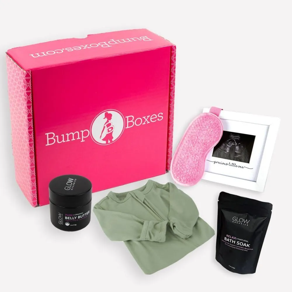 Bump Boxes 2nd Trimester Pregnancy Gifts for Expecting Moms with Belly Butter, Bath Soak, Baby Footed Sleeper Onesie, Frame and Eye Mask, Baby Shower Gift for Mother to Be