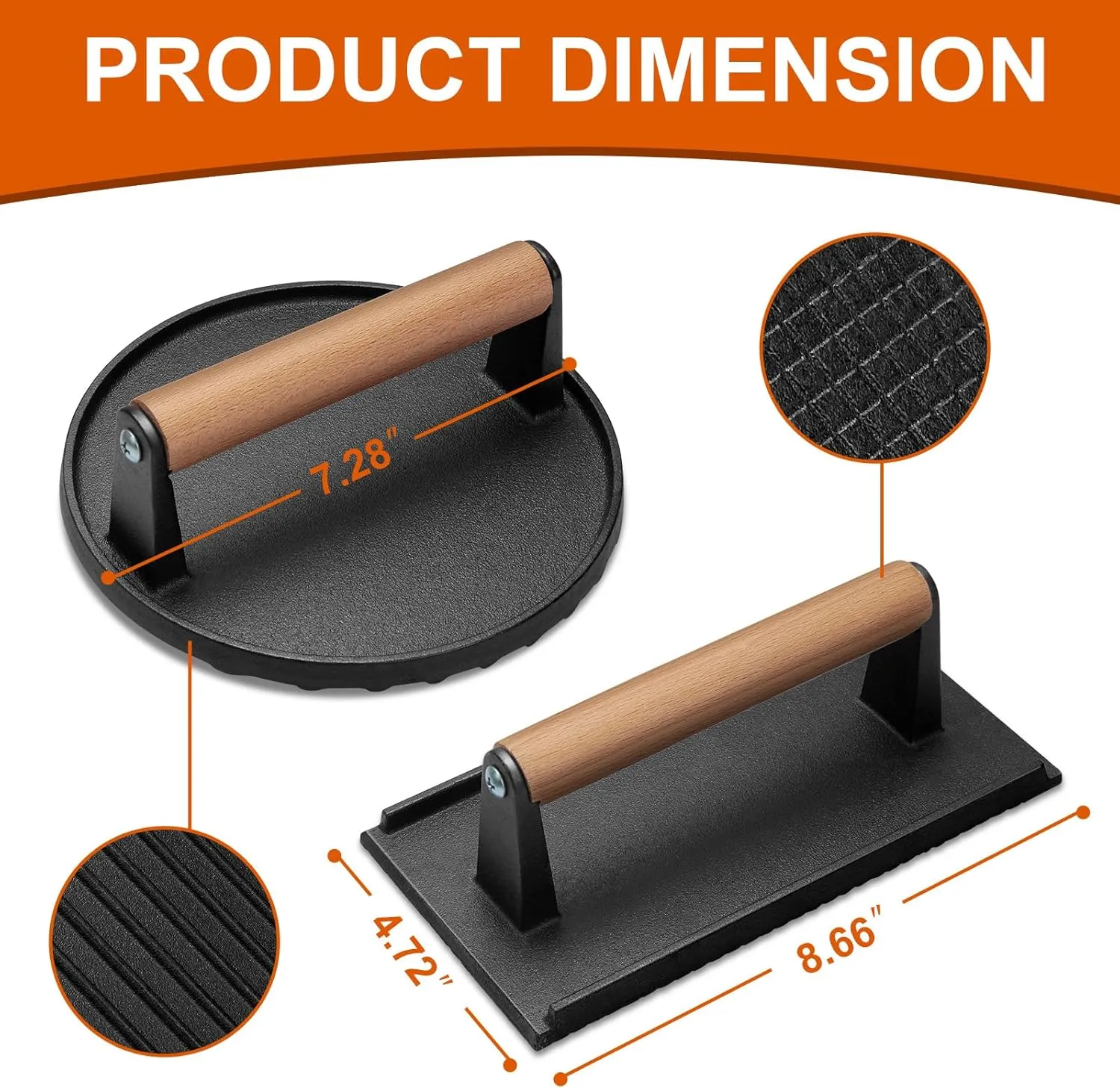 Burger Press, 7.28'' Round & 8.66''×4.72'' Rectangle Heavy-Duty Cast Iron Smash Burger Press, Food-Grade Bacon Grill Press with Wood Handle for Griddle, Meat Steak Weight for Sandwich, Panini