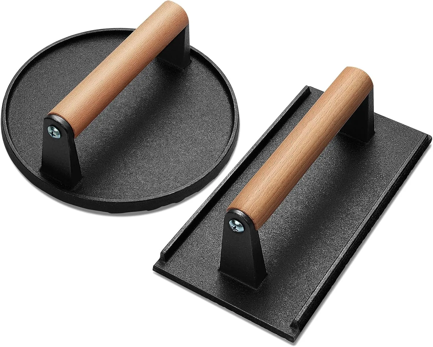 Burger Press, 7.28'' Round & 8.66''×4.72'' Rectangle Heavy-Duty Cast Iron Smash Burger Press, Food-Grade Bacon Grill Press with Wood Handle for Griddle, Meat Steak Weight for Sandwich, Panini