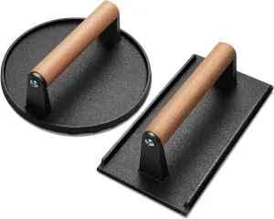 Burger Press, 7.28'' Round & 8.66''×4.72'' Rectangle Heavy-Duty Cast Iron Smash Burger Press, Food-Grade Bacon Grill Press with Wood Handle for Griddle, Meat Steak Weight for Sandwich, Panini