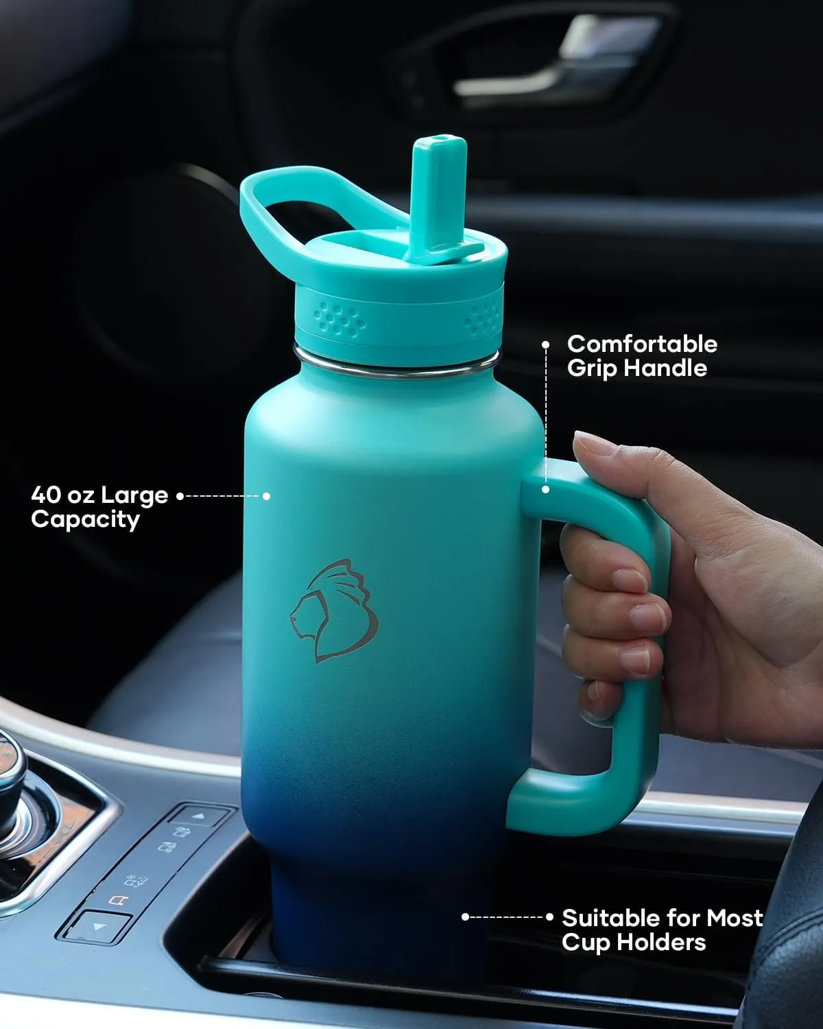 BUZIO 40 oz Tumbler with Handle and Straw, Stainless Steel Insulated Water Bottle Fits in Cup Holder with Straw & Spout Lid, Leak-Proof BPA-Free Travel Mug Keep Cold 48hrs &Hot 24hrs, Caribbean Blue