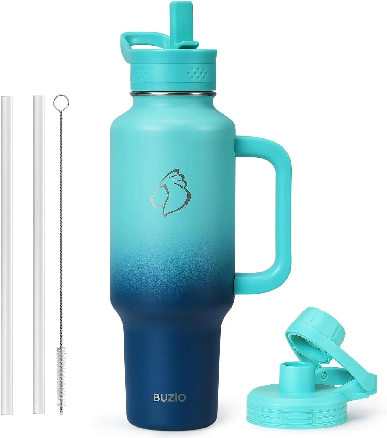 BUZIO 40 oz Tumbler with Handle and Straw, Stainless Steel Insulated Water Bottle Fits in Cup Holder with Straw & Spout Lid, Leak-Proof BPA-Free Travel Mug Keep Cold 48hrs &Hot 24hrs, Caribbean Blue