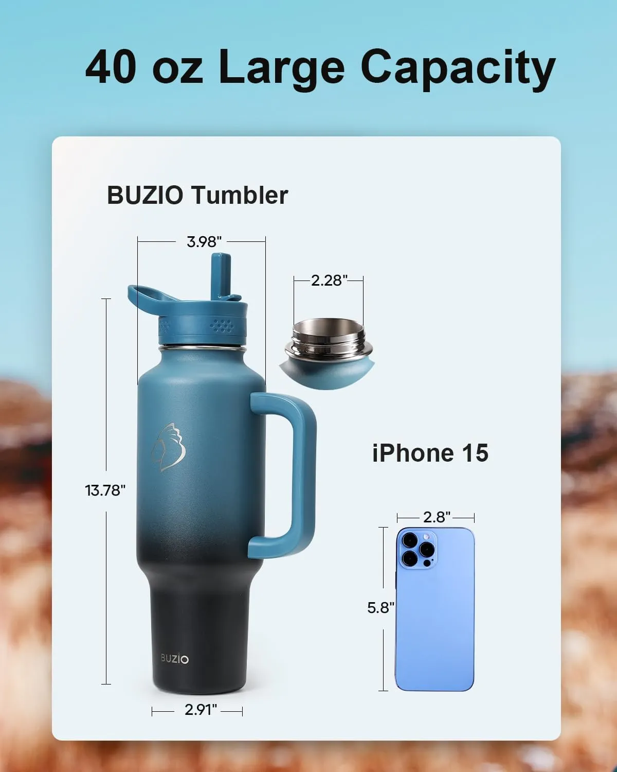 BUZIO 40 oz Tumbler with Handle and Straw, Stainless Steel Insulated Water Bottle Fits in Cup Holder with Straw & Spout Lid, Leak-Proof BPA-Free Travel Mug Keep Cold 48hrs &Hot 24hrs, Caribbean Blue