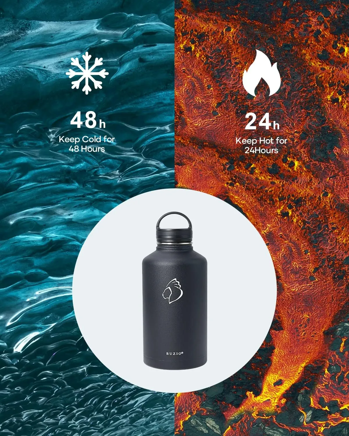 BUZIO 64 oz Water Bottle Insulated with Straw & 3 lid and Carrying Pouch, Leak Proof Half Gallon Stainless Steel Water Flask Jug, Cold for 48 Hrs Double Vacuum Thermo Canteen, BPA-Free, Black