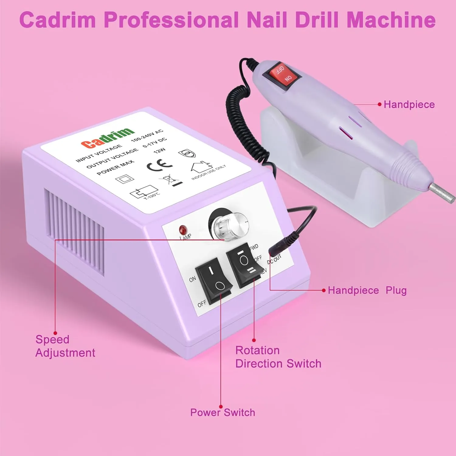 Cadrim Electric Nail Drill, Professional Nail Drill Machine, Nail Electric File for Acrylic Nails Gel Nail Glazing Nail Art Polisher Sets Manicure Pedicure Polishing Shape Efile Tools Kit, Taro Purple