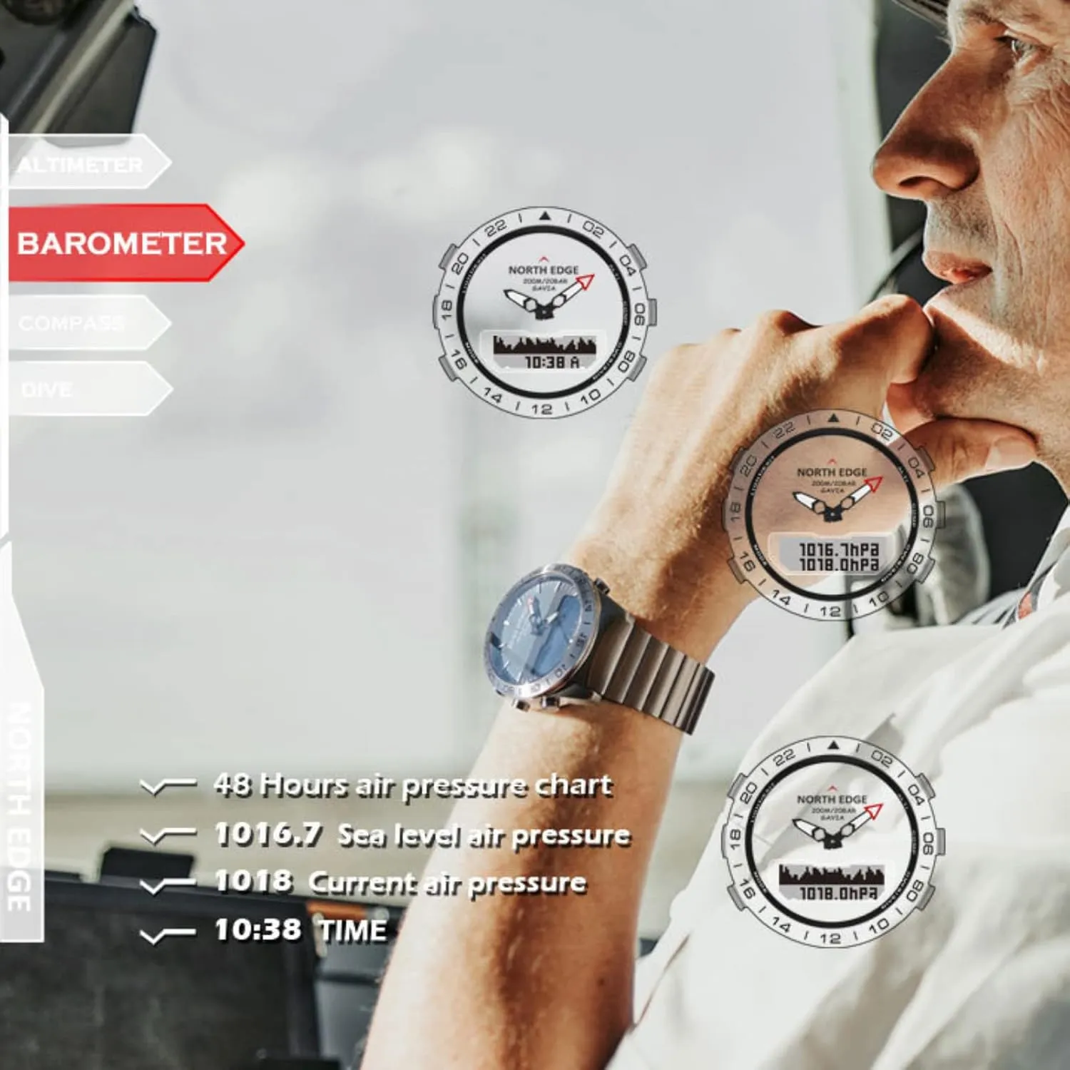 CakCity Altimeter Watch - Stainless Steel Analog Digital Men's Waterproof Pilot Diving Outdoor Sport Watch - 20ATM