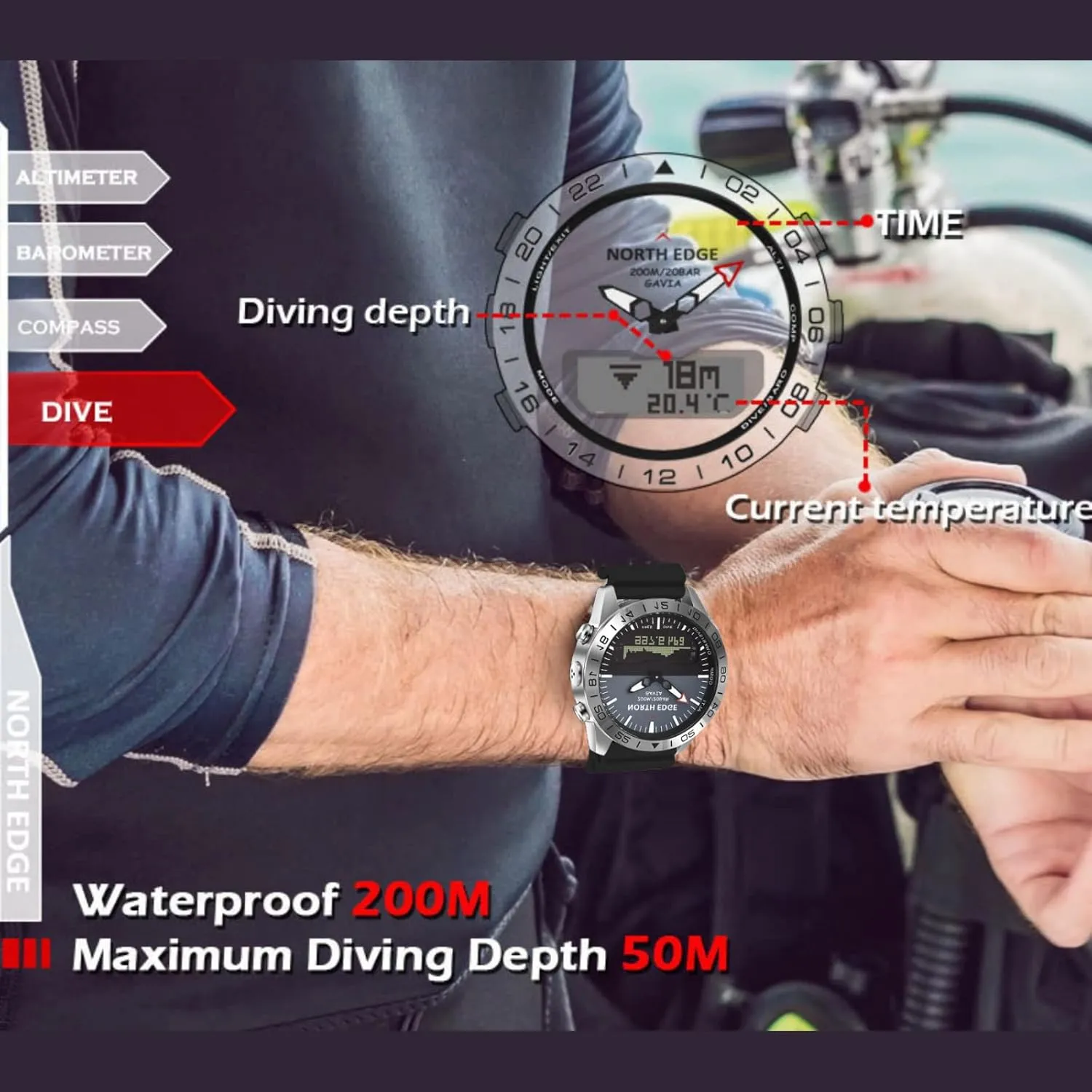 CakCity Altimeter Watch - Stainless Steel Analog Digital Men's Waterproof Pilot Diving Outdoor Sport Watch - 20ATM