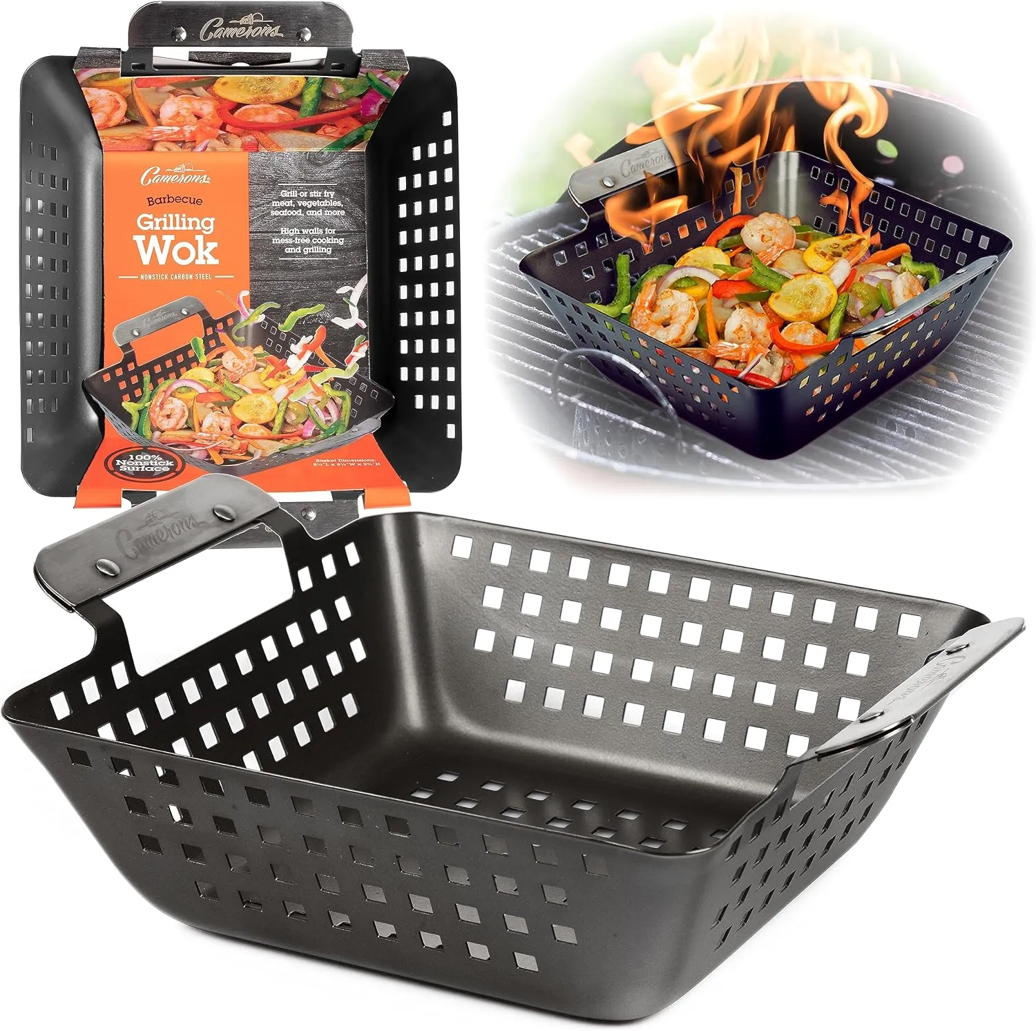 Camerons Barbecue Grilling Wok - Heavy Duty Non-Stick BBQ Grill Basket w Stainless Steel Handles- 3" Deep Pan Keeps Food In - Indoor Outdoor Use- BBQ Cookout Essential - Grilling Gift for Father's Day