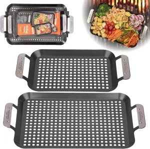 Camerons BBQ Grill Topper Grilling Pans (Set of 2)- Non-Stick Barbecue Trays w Stainless Steel Handles - Indoor Outdoor use for Barbecue & Smoked Meat, Vegetables & Seafood- Grill Gift for Fathers Day