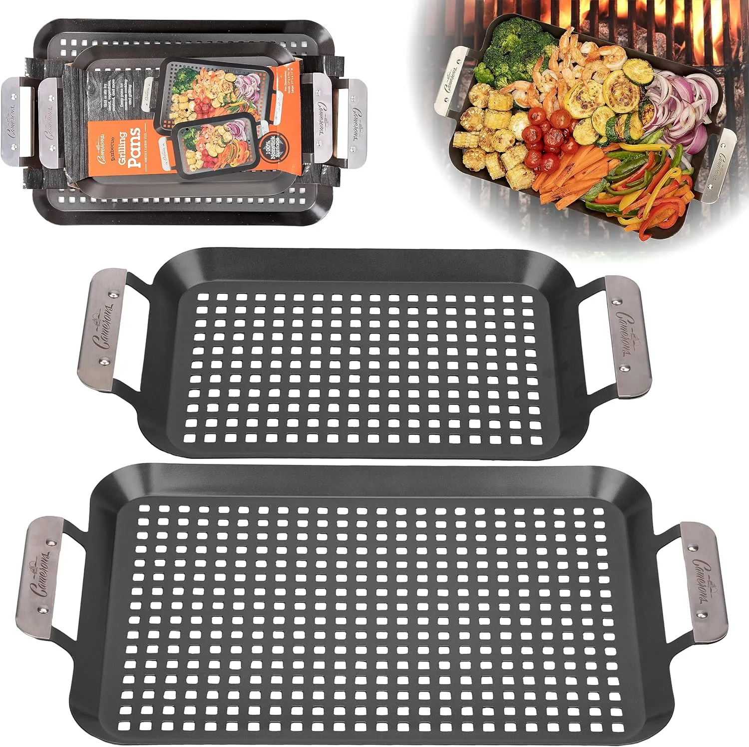 Camerons BBQ Grill Topper Grilling Pans (Set of 2)- Non-Stick Barbecue Trays w Stainless Steel Handles - Indoor Outdoor use for Barbecue & Smoked Meat, Vegetables & Seafood- Grill Gift for Fathers Day