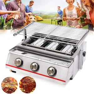 Camping Griddle, Tabletop Gas Grill 3-Burner, Stainless Steel BBQ Gas Grill, W/Integrated Ignition, 17.7 x 9.8In Removable Grill Net, Oil Catching Pan, Food Tray Ideal for RV, Camping
