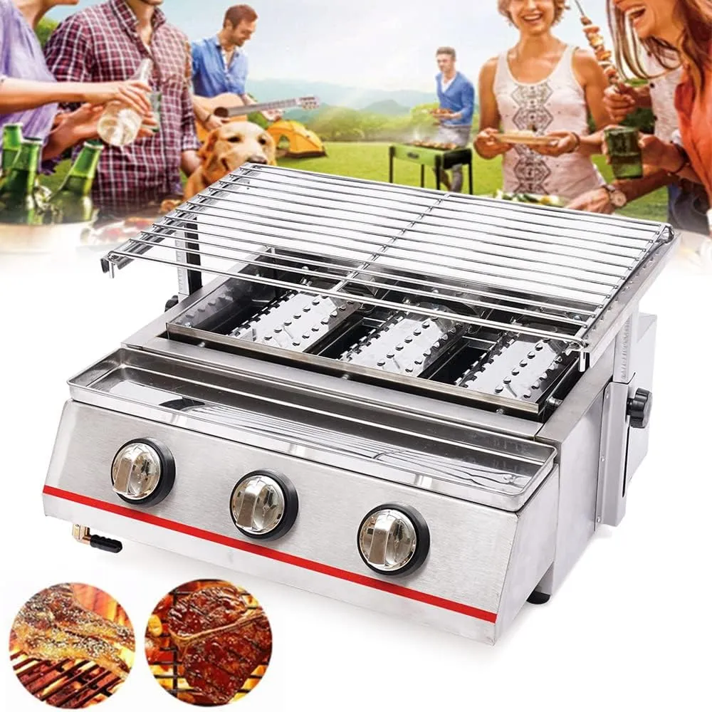 Camping Griddle, Tabletop Gas Grill 3-Burner, Stainless Steel BBQ Gas Grill, W/Integrated Ignition, 17.7 x 9.8In Removable Grill Net, Oil Catching Pan, Food Tray Ideal for RV, Camping