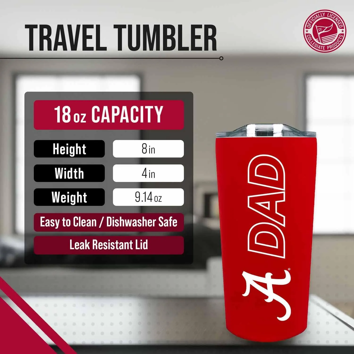 Campus Colors NCAA Stainless Steel Travel Tumbler for Dad - 18 oz - Double Walled Insulated Drinkware (Alabama Crimson Tide - Crimson)