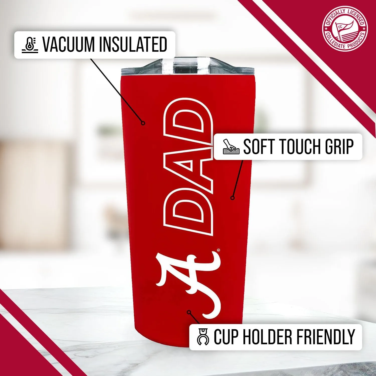 Campus Colors NCAA Stainless Steel Travel Tumbler for Dad - 18 oz - Double Walled Insulated Drinkware (Alabama Crimson Tide - Crimson)