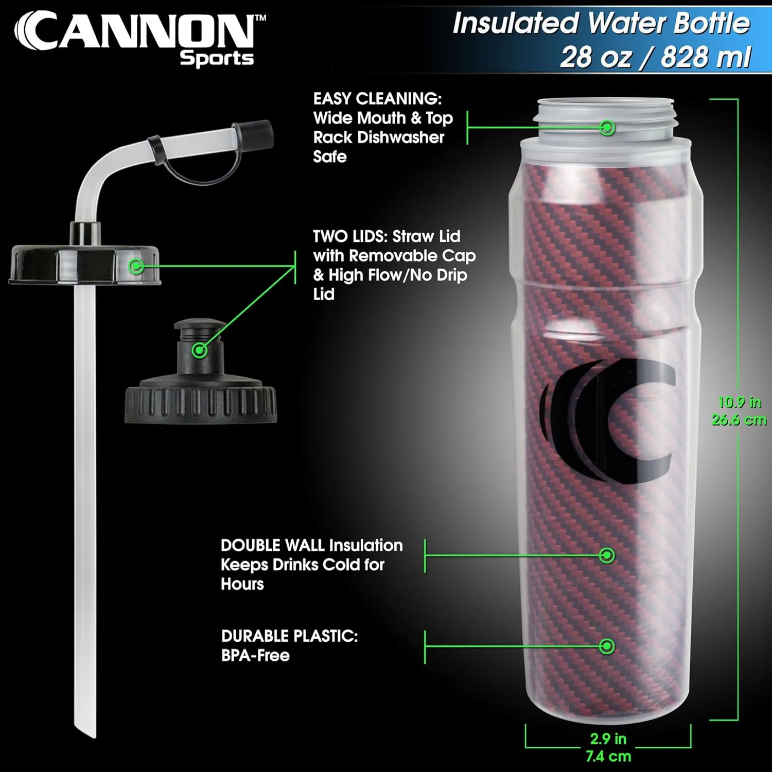 Cannon Sports 28oz Insulated Squeeze Water Bottle with Straw, Leak Proof Lids, 2 lids (Straw and Squeeze), Double Wall Insulation, Wide Mouth, BPA-Free (2 Pack) (Red)