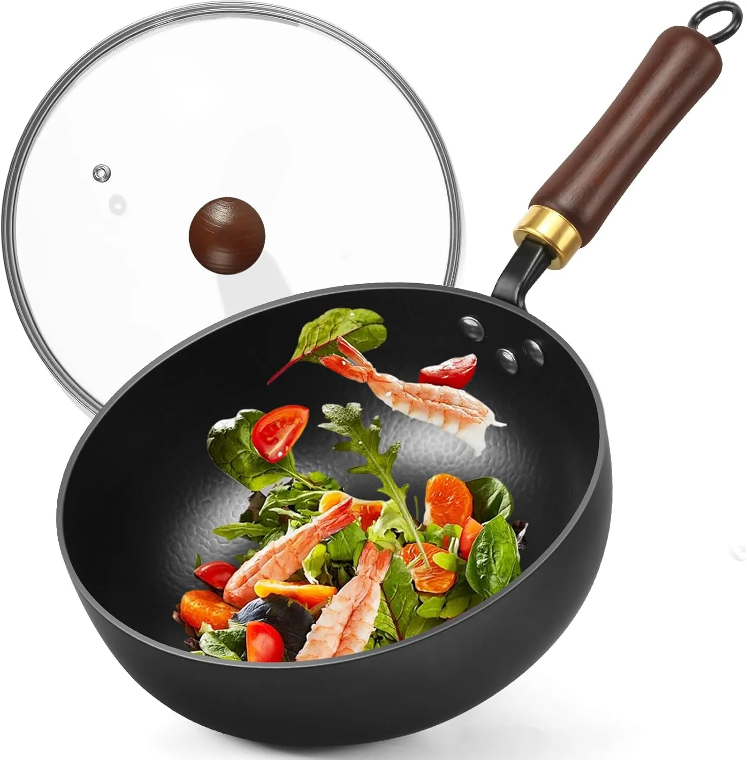 Carbon Steel Wok, 9.5" Bi-Thickness Authentic Chinese Woks & Stir-Fry Pans with Glass Lid, Deep Fry Pan Flat Bottom Small Wok for 1-2 Servings
