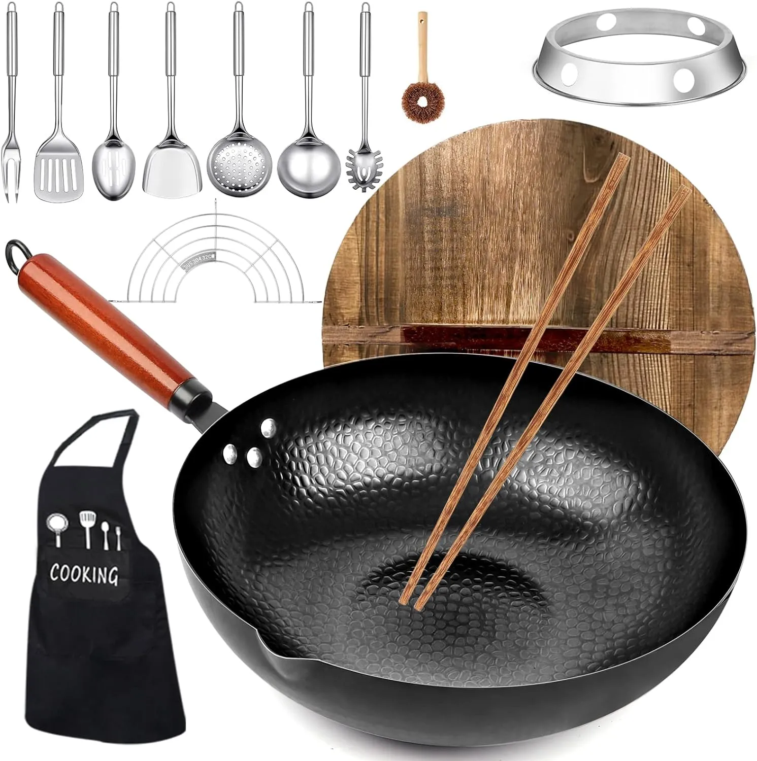 Carbon Steel Wok Pan, 14 Piece Woks & Stir-Fry Pans Set with Wooden Lid Cookwares, No Chemical Coated Flat Bottom Chinese Pan for Induction, Electric, Gas, Halogen All Stoves - 12.6''