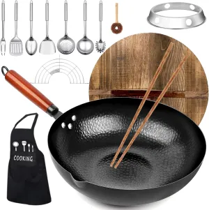 Carbon Steel Wok Pan, 14 Piece Woks & Stir-Fry Pans Set with Wooden Lid Cookwares, No Chemical Coated Flat Bottom Chinese Pan for Induction, Electric, Gas, Halogen All Stoves - 12.6''