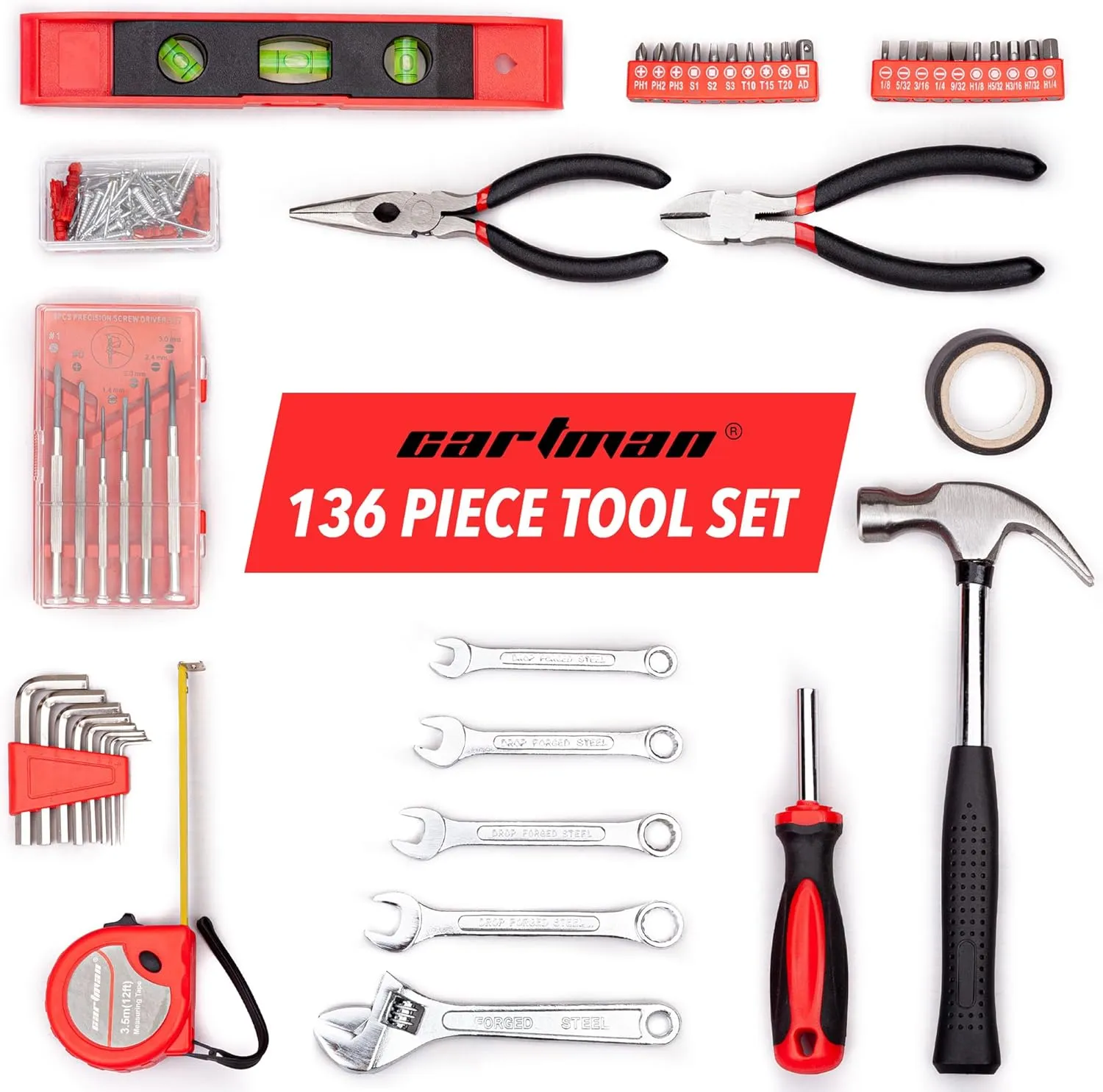 CARTMAN 136 Piece Tool Set General Household Hand Tool Kit with Plastic Toolbox Storage Case