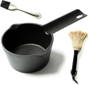 Cast Iron Basting Pot Set for Grill Cooking - Melting Pan for BBQ - Complete with Glaze Brush and Sauce Mop