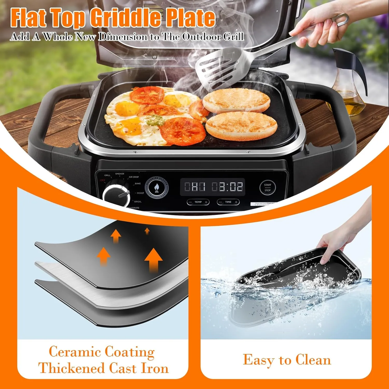 Cast Iron Griddle for Ninja Woodfire Grills, Griddle Plate, OG700 Series, Flat Top Griddle Compatible with Ninja Woodfire Outdoor Grills OG701, Ceramic Coating, Easy to Clean, Insert