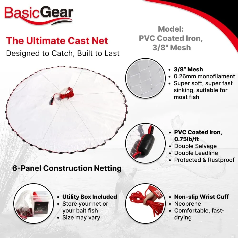 Cast Net | 3ft-12ft Radius, 3/8 or 1/4 inch Mesh for Freshwater and Saltwater Bait Fish| Professional Grade and Upgraded Material | Throw Style