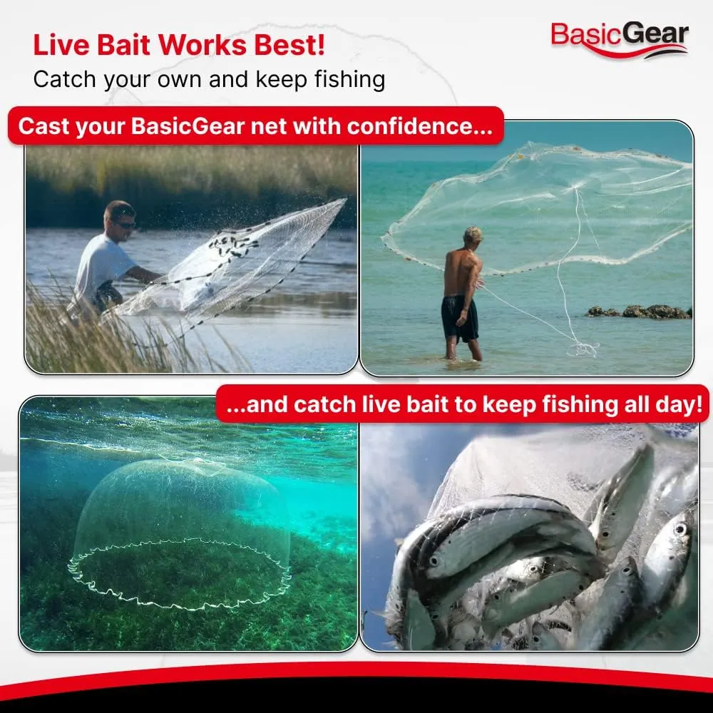 Cast Net | Lead, 3ft-12ft Radius, 3/8 or 1/4 inch Mesh for Freshwater and Saltwater Bait Fish| Professional Grade and Upgraded Material | Throw Style