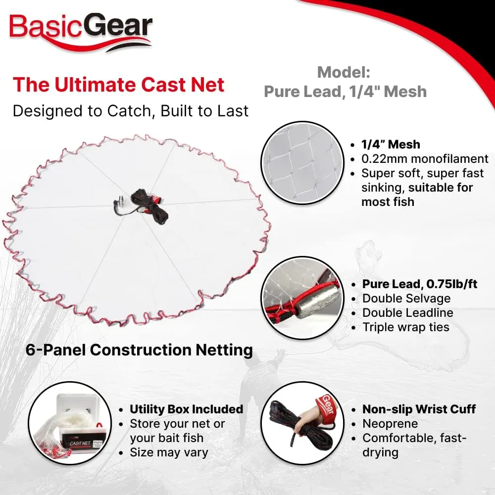 Cast Net | Lead, 3ft-12ft Radius, 3/8 or 1/4 inch Mesh for Freshwater and Saltwater Bait Fish| Professional Grade and Upgraded Material | Throw Style