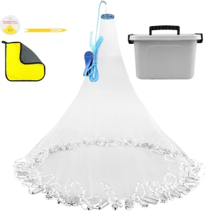 Cast Net with Utility Box, 3ft-10ft Radius Handmade Fishing Net for Bait Fish, Casting Net with Zinc Sinker Weights, Easy Throw American Saltwater Monofilament Cast Nets for Fishing