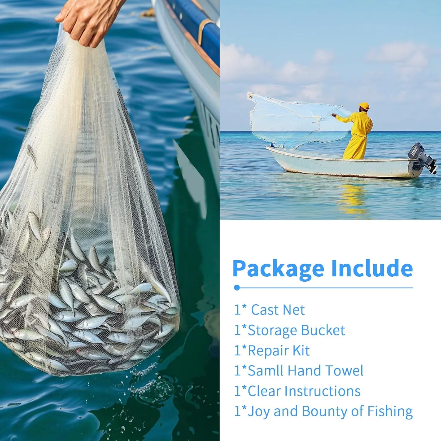 Cast Net with Utility Box, 3ft-10ft Radius Handmade Fishing Net for Bait Fish, Casting Net with Zinc Sinker Weights, Easy Throw American Saltwater Monofilament Cast Nets for Fishing