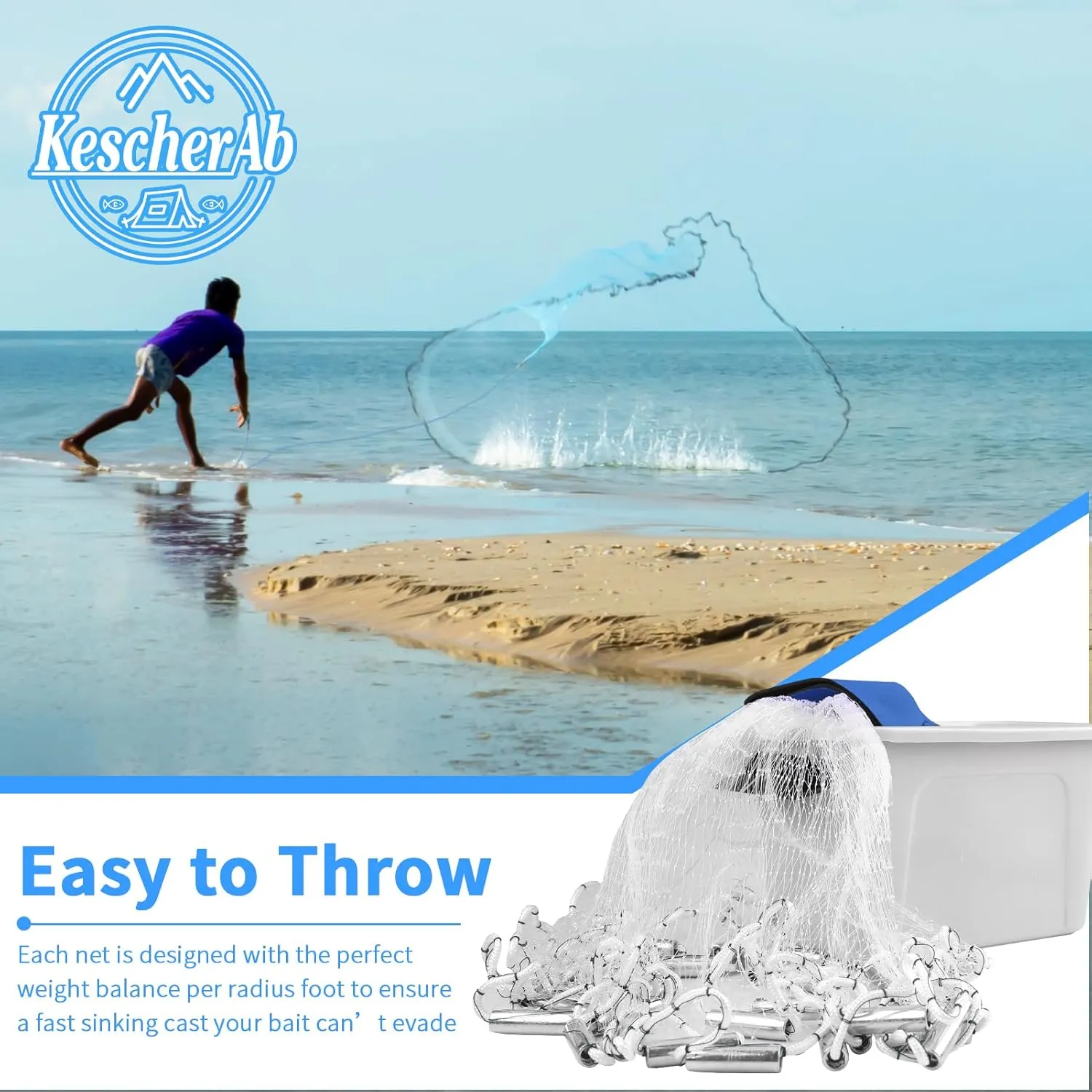 Cast Net with Utility Box, 3ft-10ft Radius Handmade Fishing Net for Bait Fish, Casting Net with Zinc Sinker Weights, Easy Throw American Saltwater Monofilament Cast Nets for Fishing