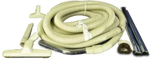 Central Vacuum Cleaner Garage Attachment Kit, contains 1 white molded plastic 30 foot non electric hose, dust brush, floor brush, crevice tool, upholstery nozzle, hose hanger, 2 wands